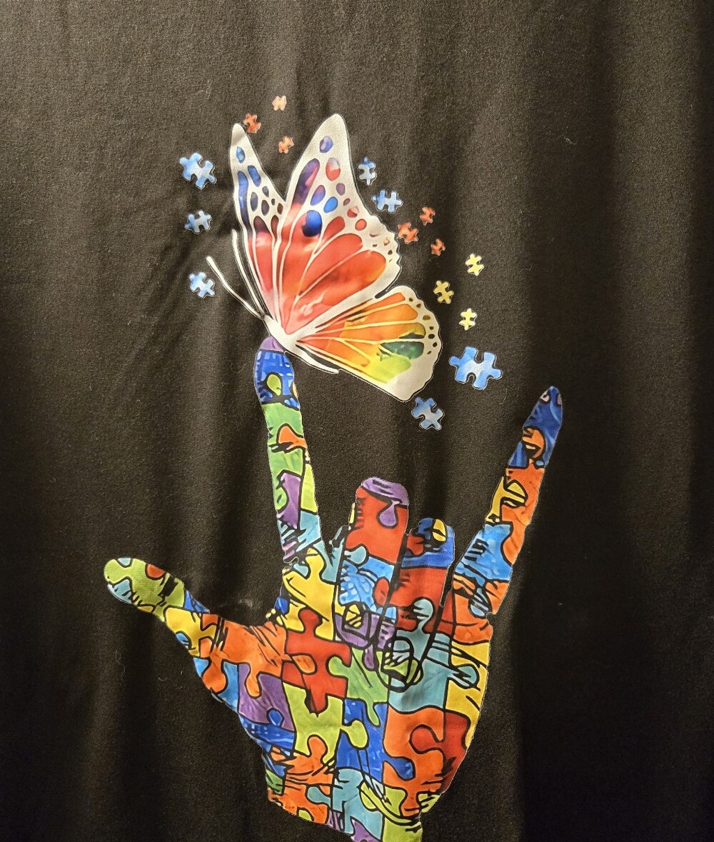Black Graphic Short Sleeve Tee AUTISM Multicolor Puzzle Hand & Rainbow Butterfly